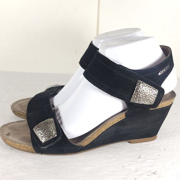 Mephisto Women's Jackie 40 US9-9,5 Black Leather Cork Embellished Wedge Sandals - Picture 2 of 16